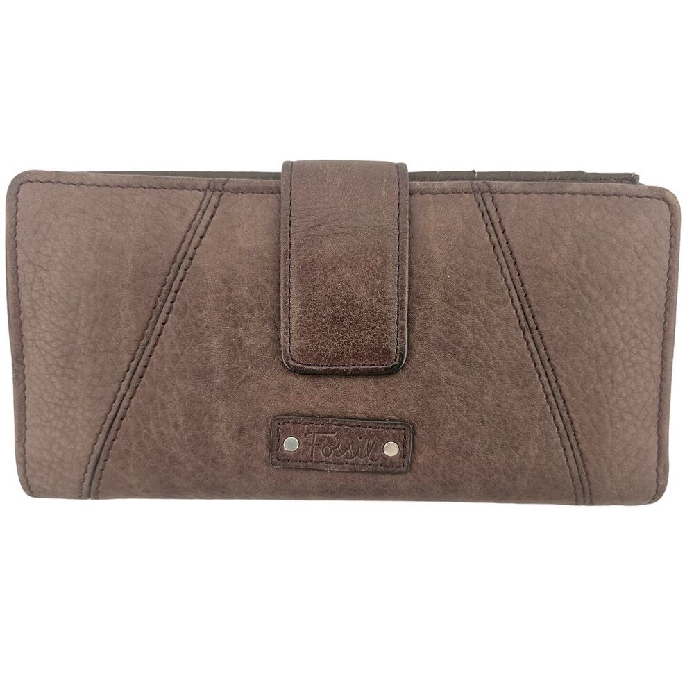 Vintage Fossil Chocolate Brown Leather Envelope Wallet Checkbook Minimalist Y2K